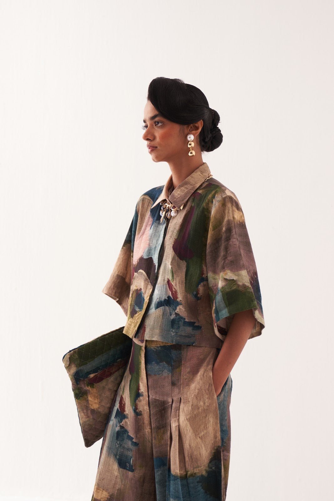 Multicolor Abstract Print Flared Cotton Trousers