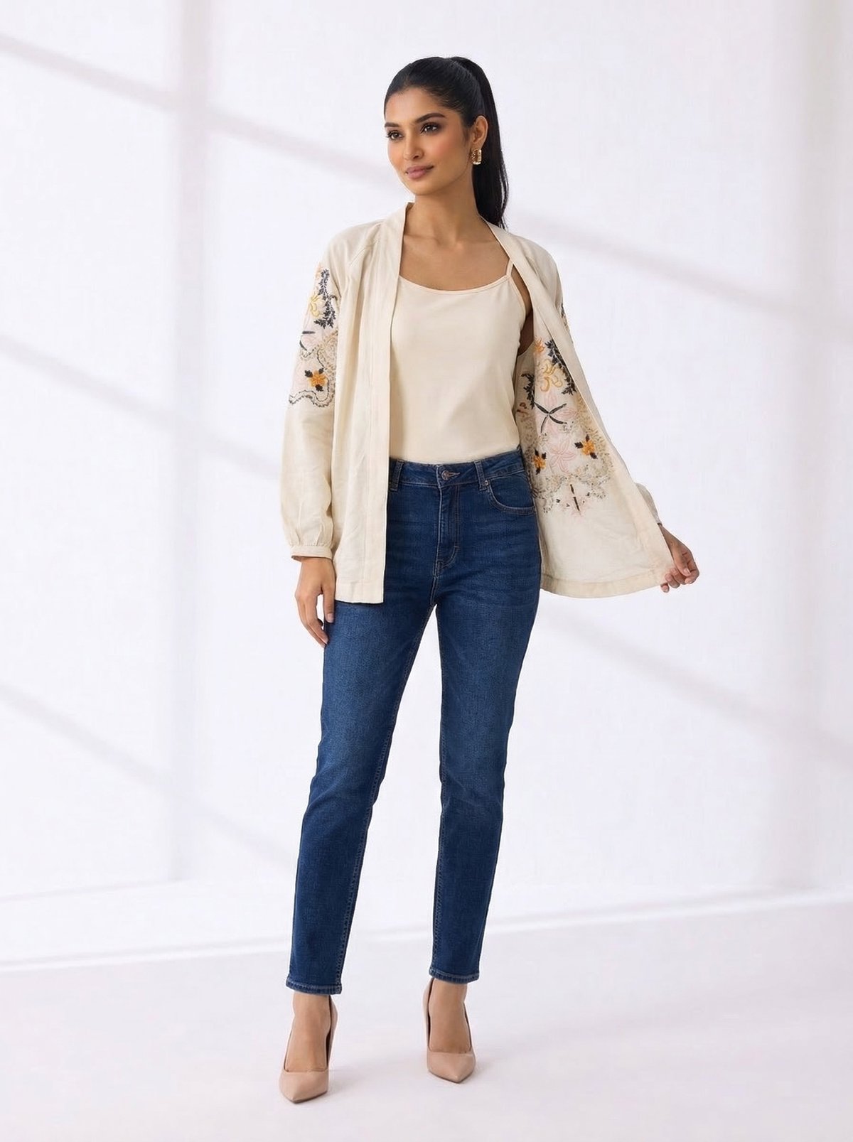 Cream Denim Open-Front Shrug with Sleeve Embroidery