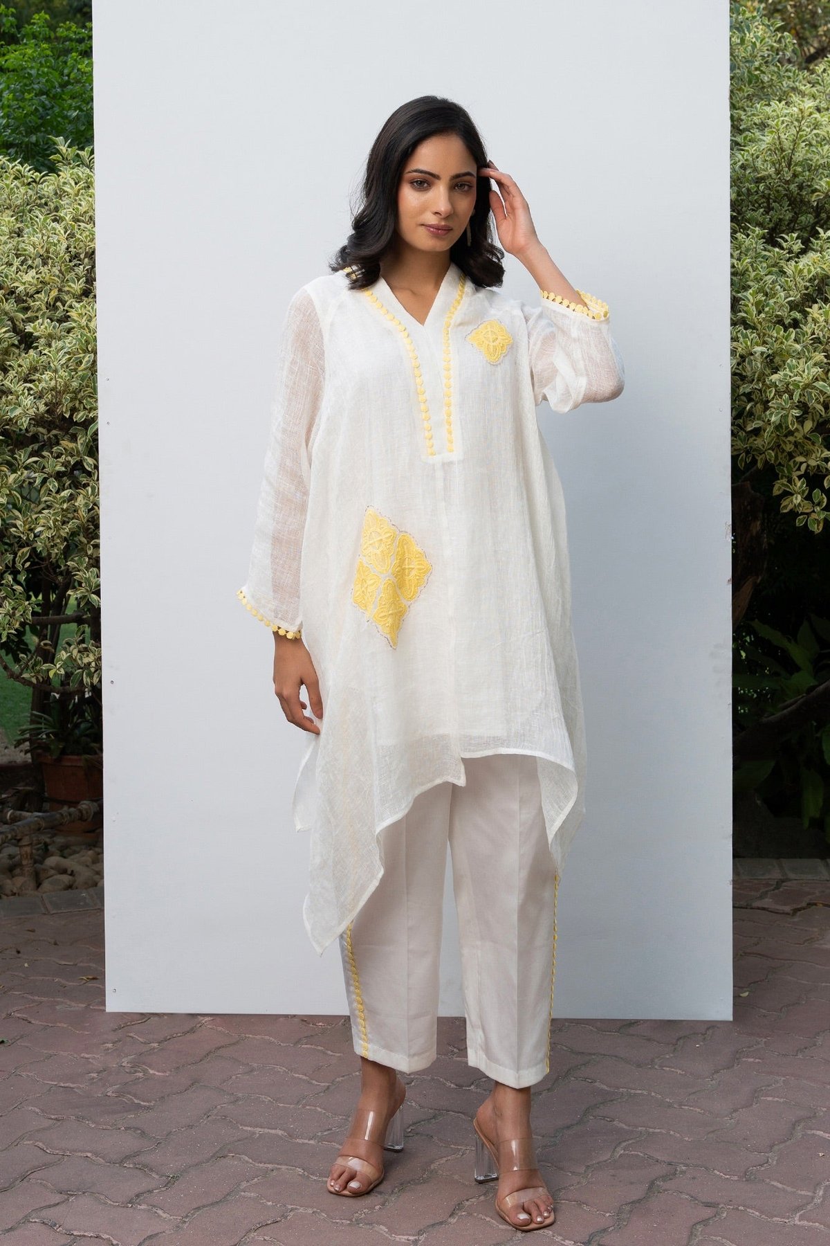White and Yellow Linen Asymmetric Tunic Co-ord Set