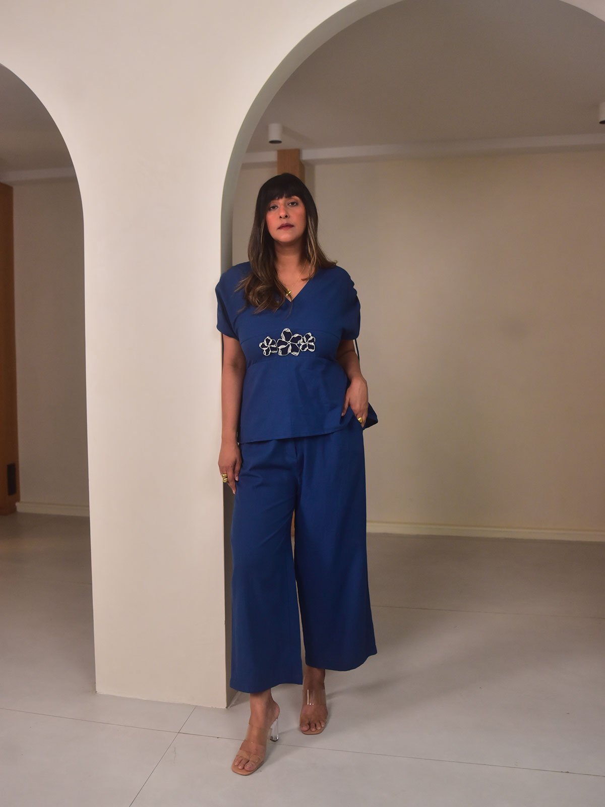 Blue Cotton Linen Appliqué Peplum Top and Pants Co-ord Set