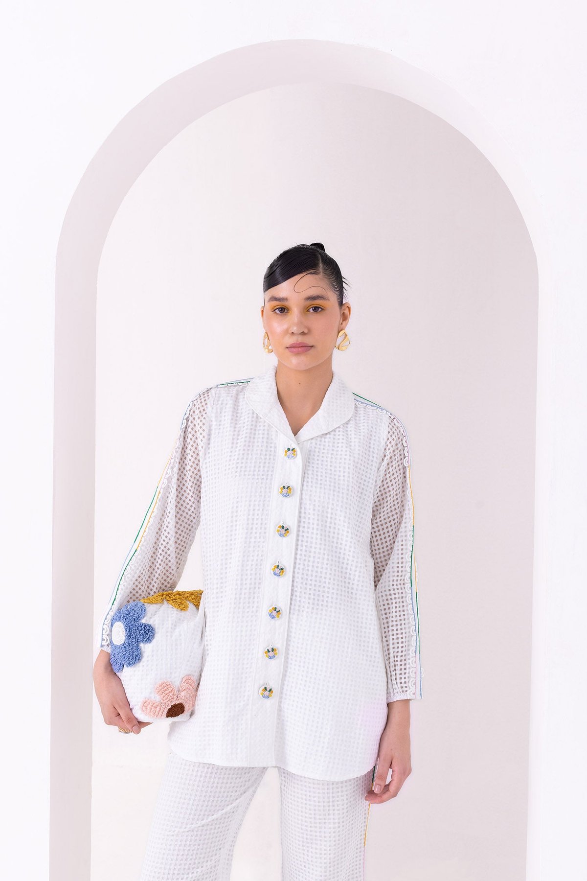 White Dobby Shirt with Embroidered Buttons and Lace Sleeves
