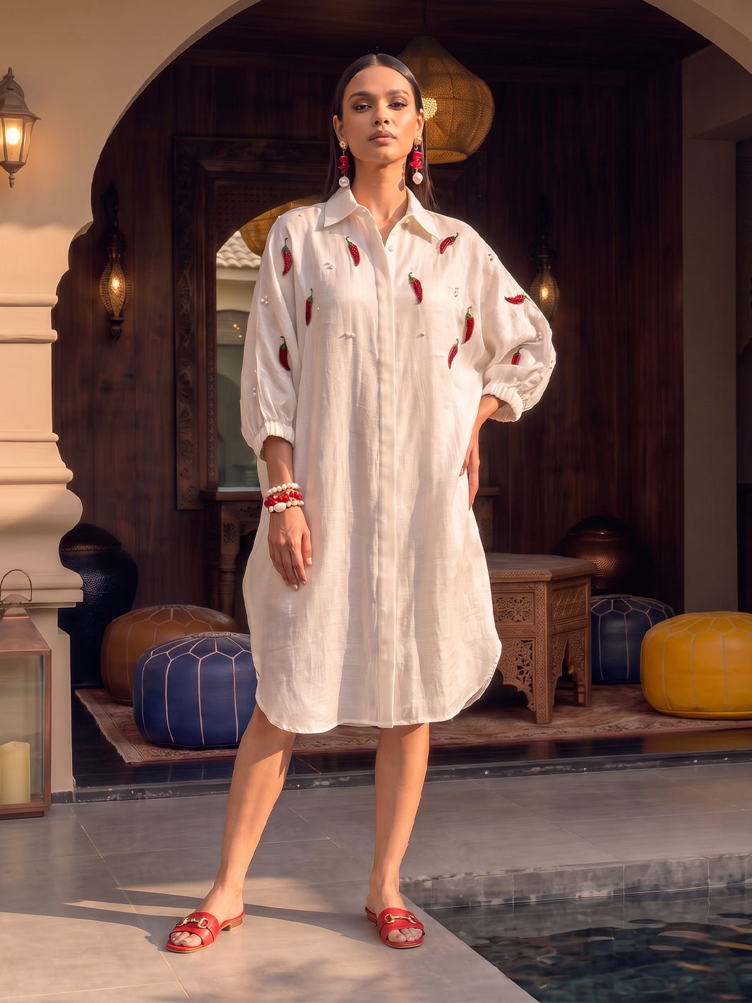 Off White Mul Satin Shirt Dress with Chilli Embroidery