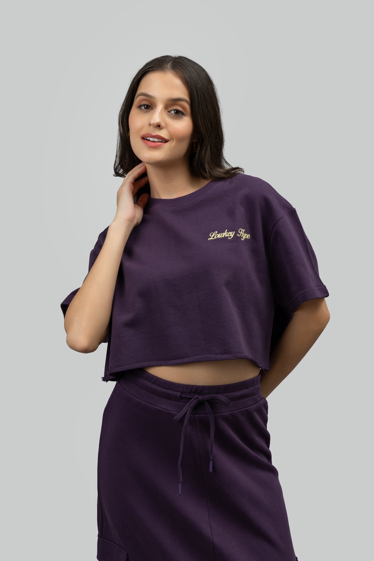 Plum Cotton Terry Relaxed Fit Crop Top