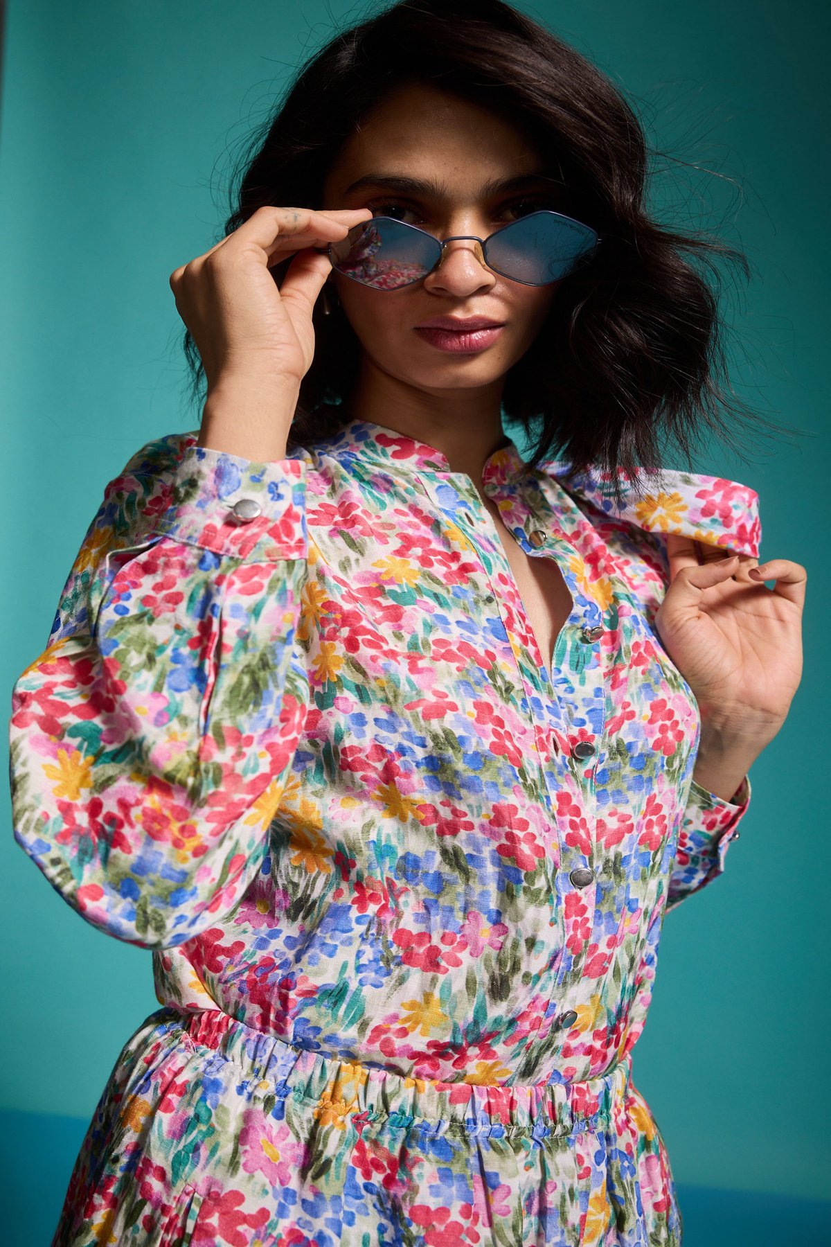 Multi Floral Printed Linen Blend Shirt with Mandarin Collar