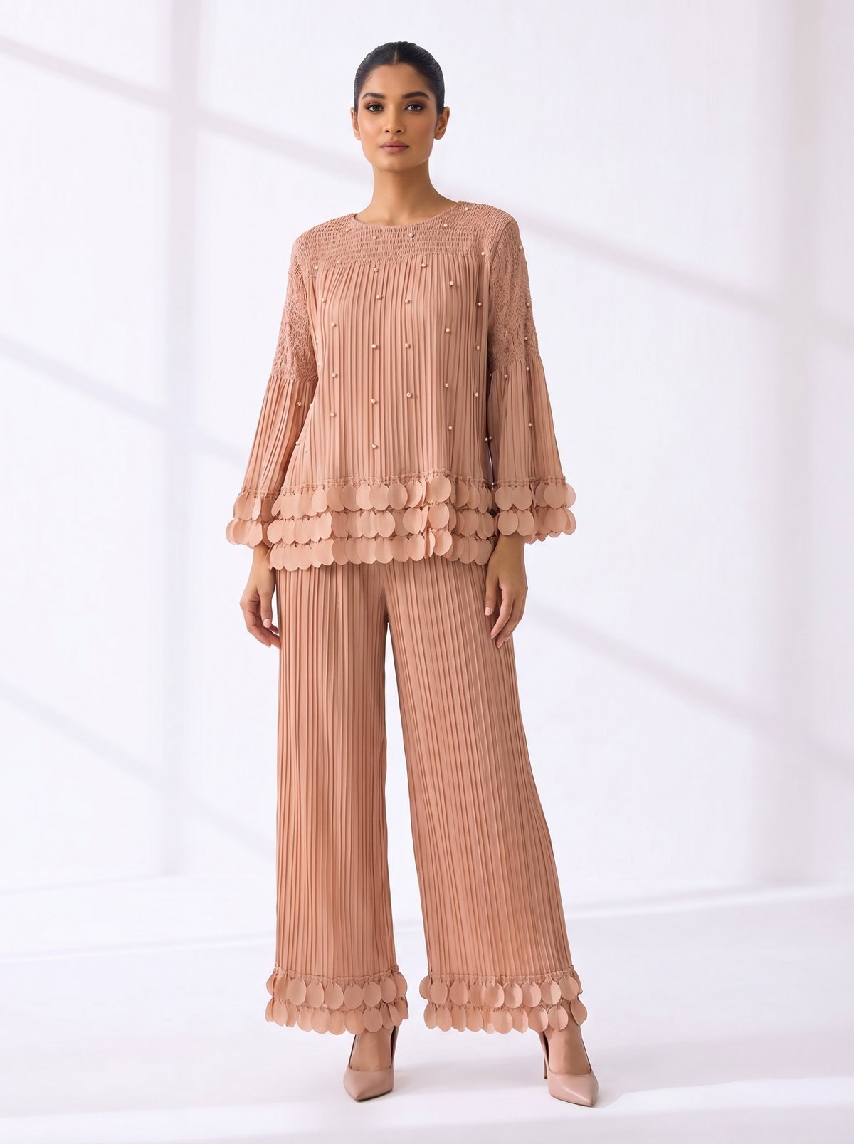 Nude Pleated Co-ord Set with Wide-Leg Trousers