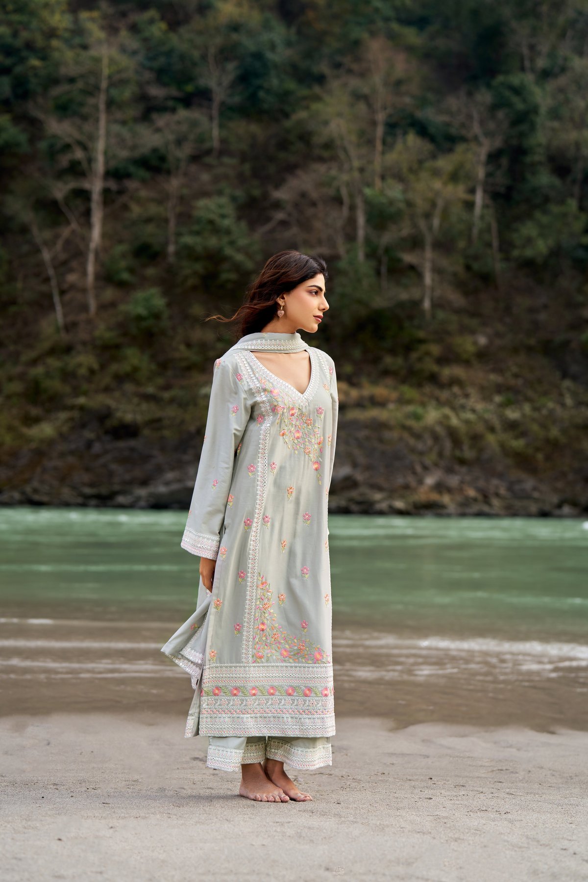 Grey Cotton Embroidered Straight Kurta Set with Dupatta