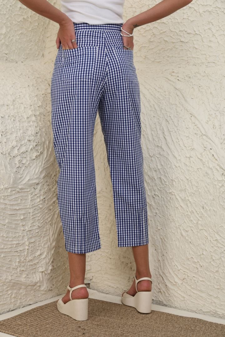 Blue Gingham High-Waist Barrel-Leg Cotton Trousers