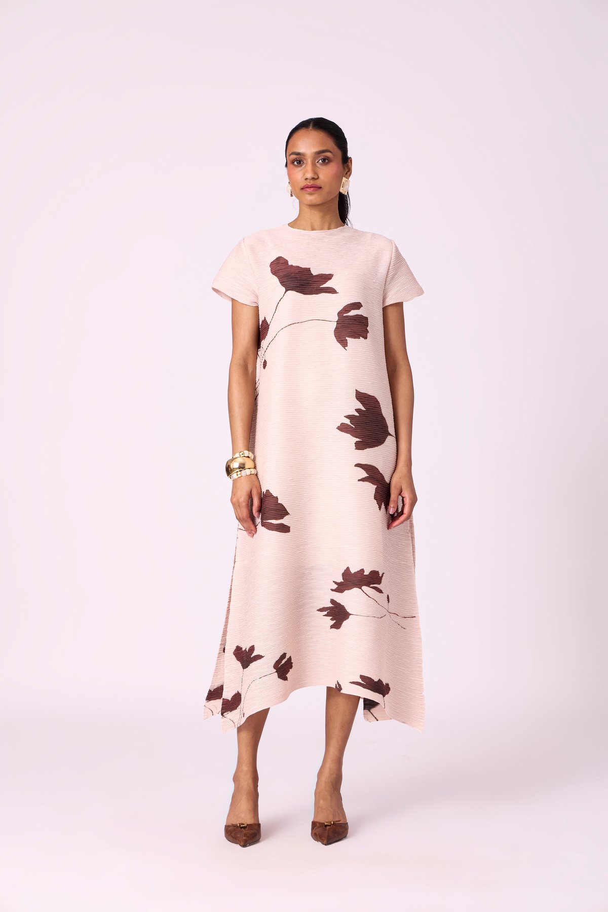 Nude Beige Pleated Floral Midi Dress