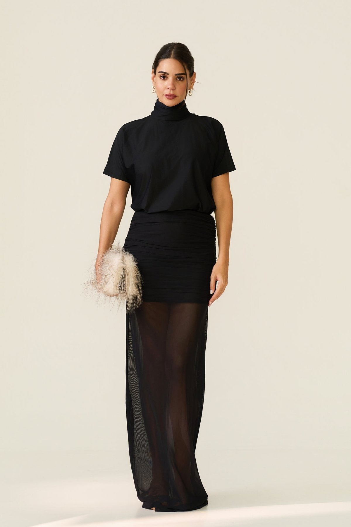 Black Turtleneck Top with Dramatic Open Cowl Back