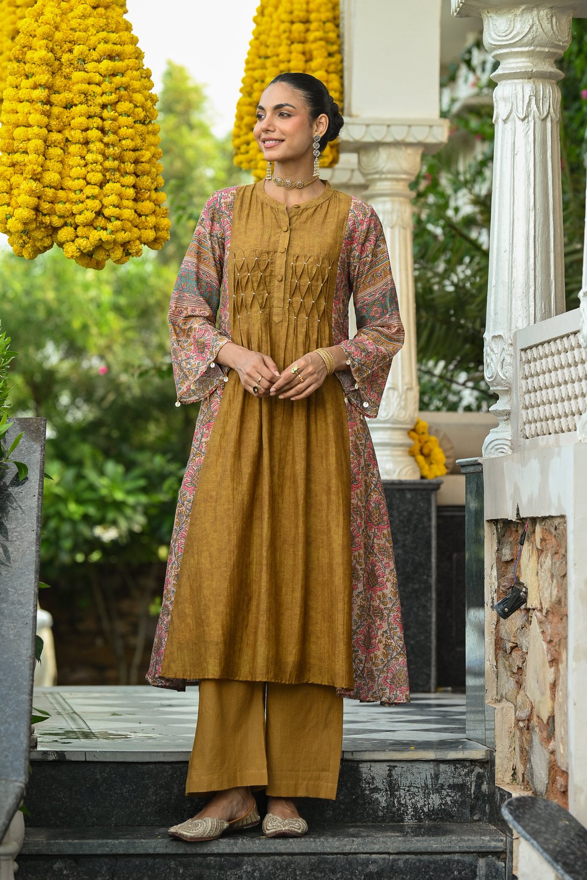 Mustard Pure Mul Chanderi with Side Block Print Smokey Work A line Kurta Set-set of-2