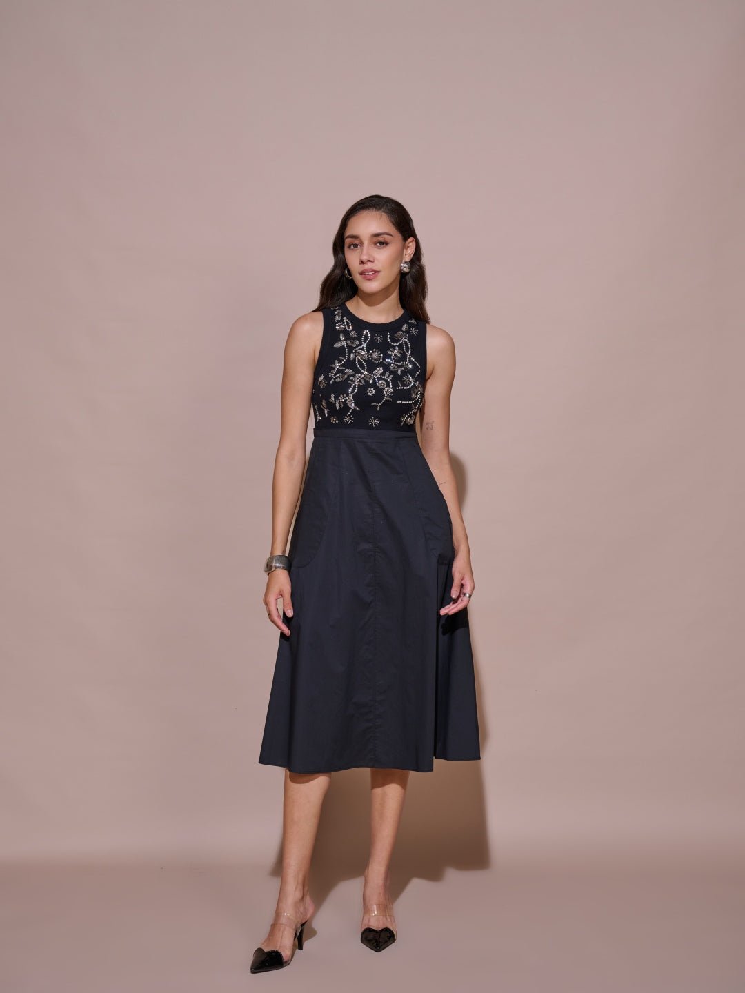 Black Embellished Ribbed Bodice Fit and Flare Midi Dress