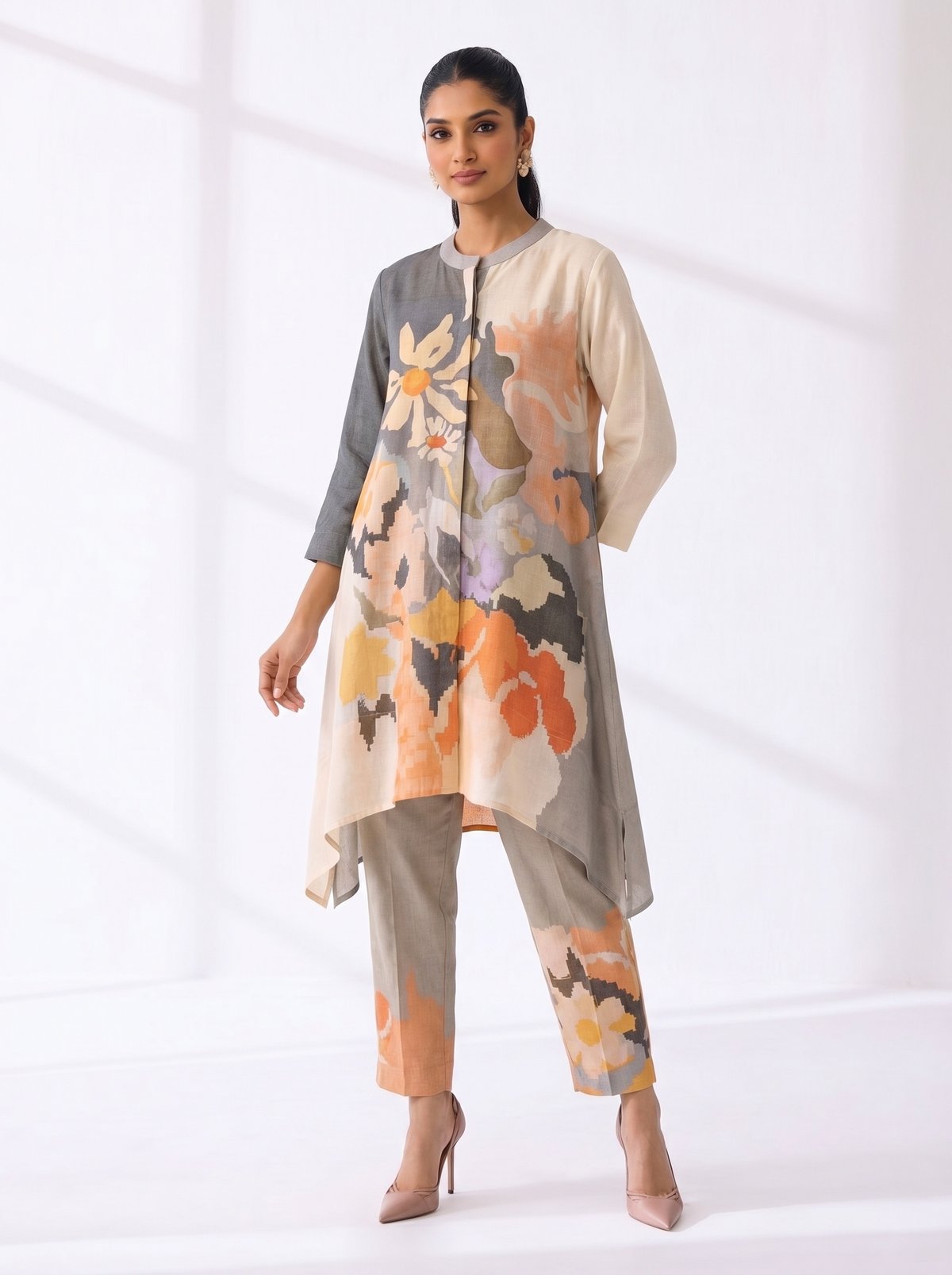 Grey Printed Korean Linen Kurta Set