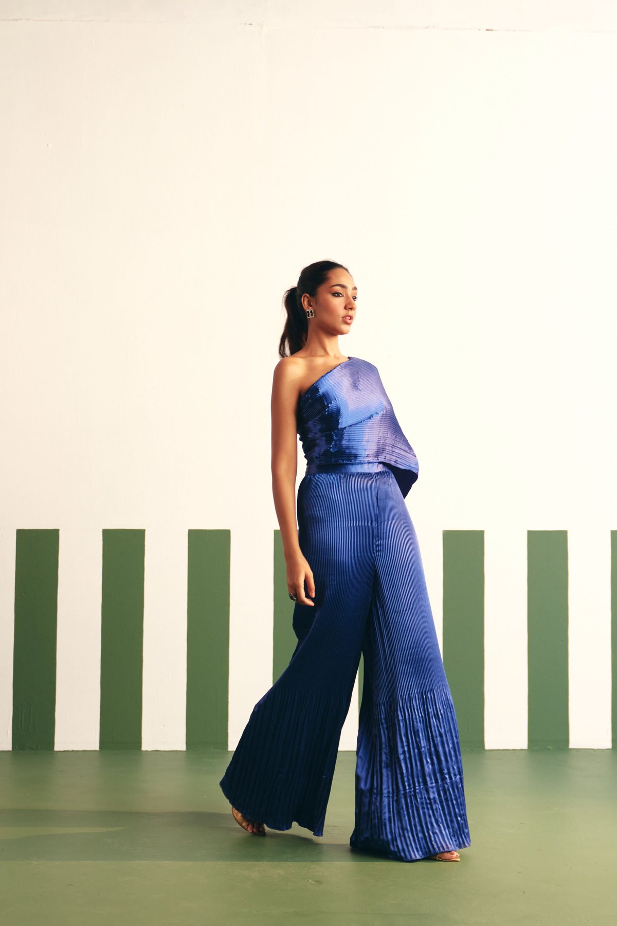 Cobalt Blue One-Shoulder Pleated Satin Drape Jumpsuit
