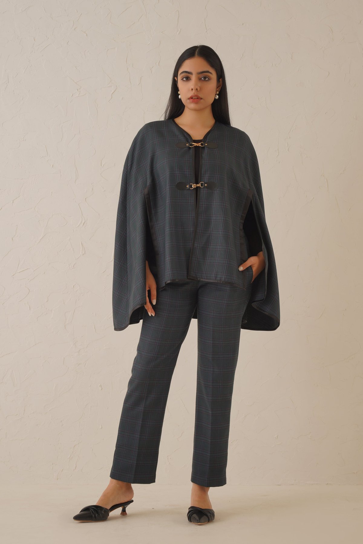 Slate Grey Checked Cape Top and Trouser Co-ord Set
