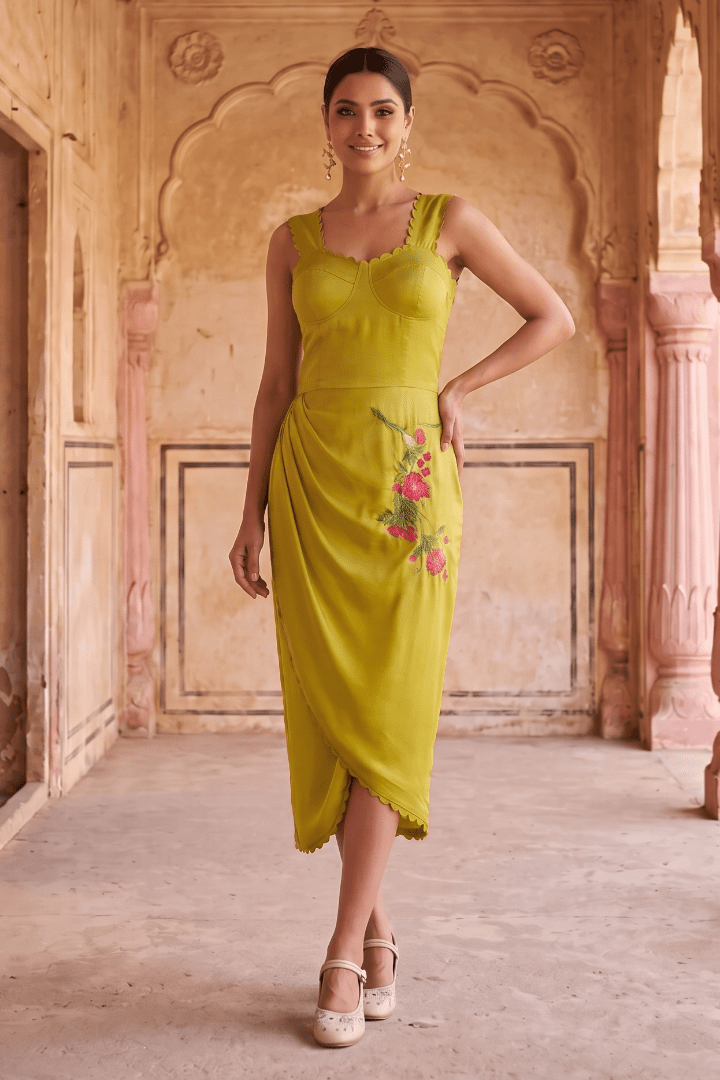 Sculpted Corset & Floral Embroidery Draped Midi Dress