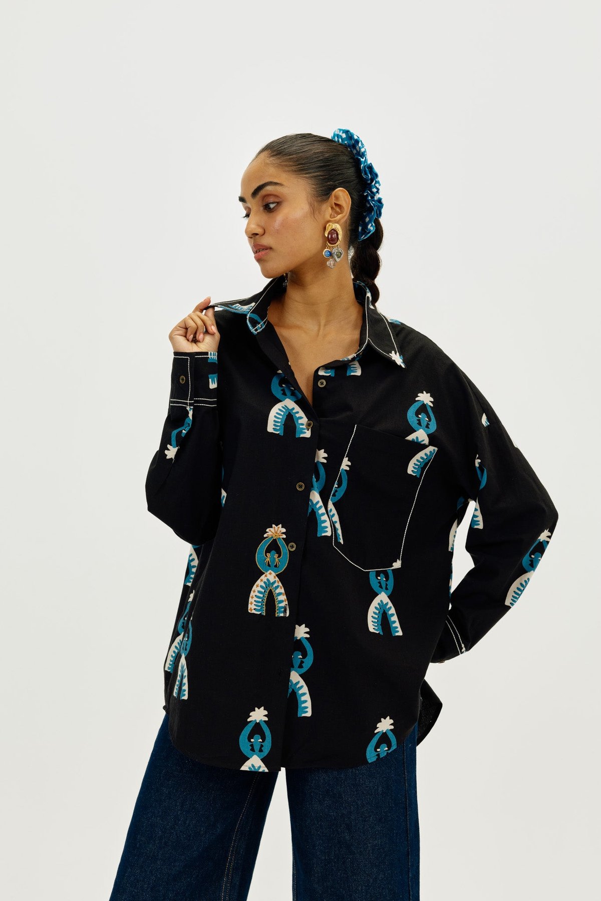 Black Tribal Print Cotton Poplin Relaxed-Fit Shirt