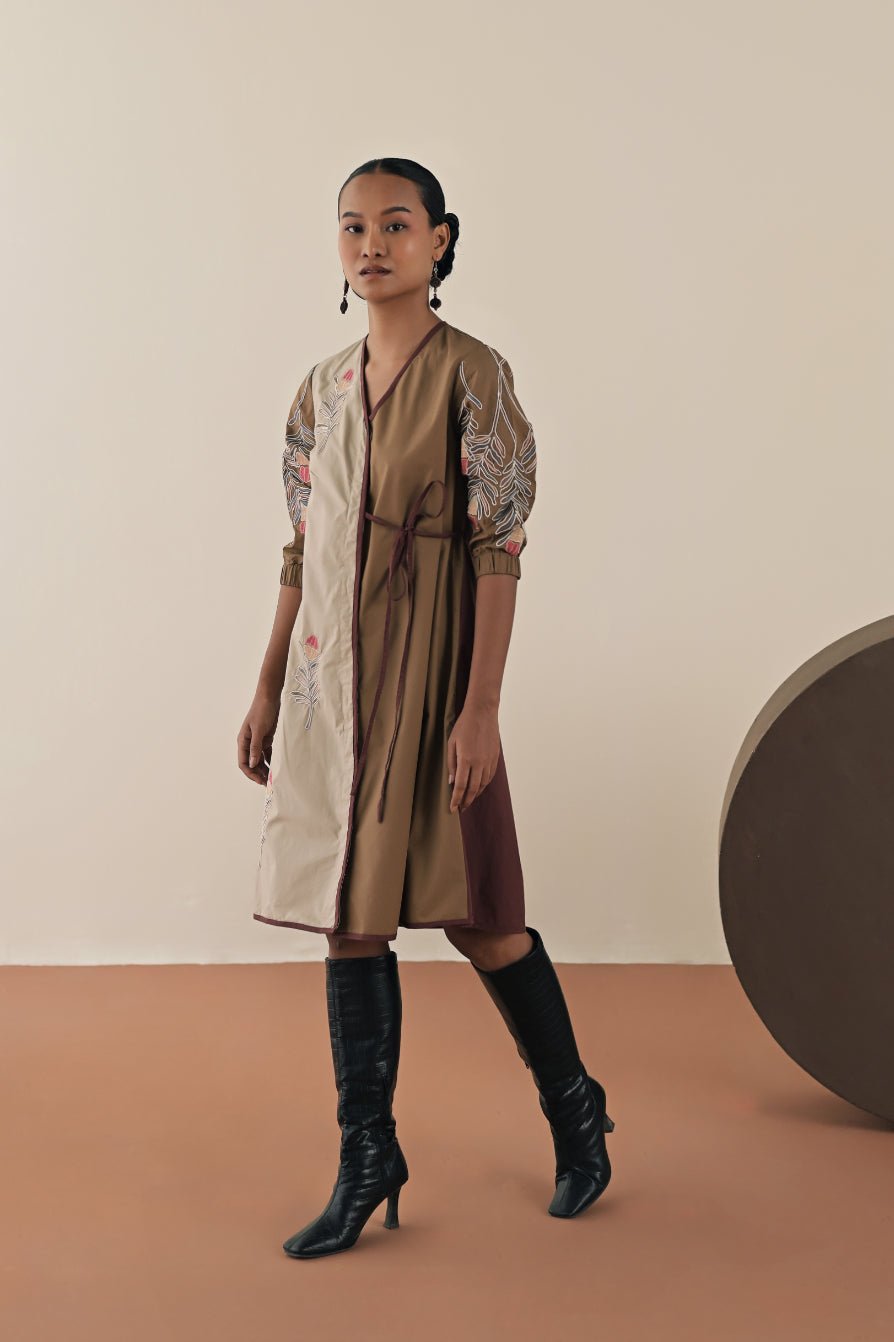 Walnut/Beige Colorblocked Embroidered Wrap Dress