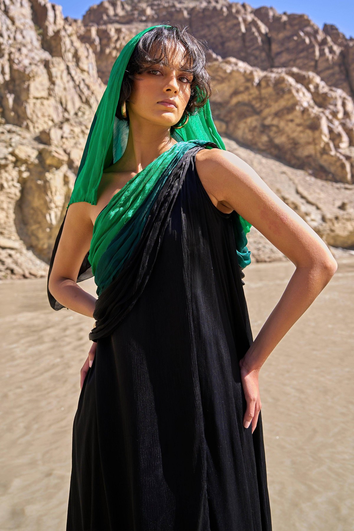 Black One-Shoulder Sari Drape Maxi Gown