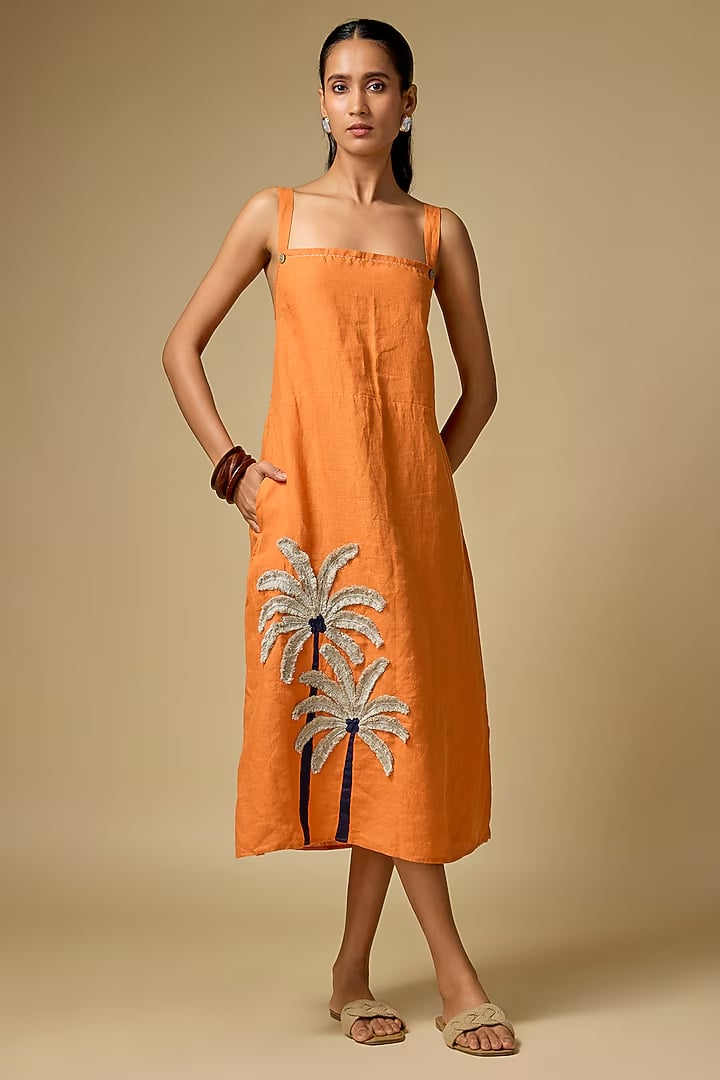 Orange Linen Square-Neck Midi Dress with Palm Motif