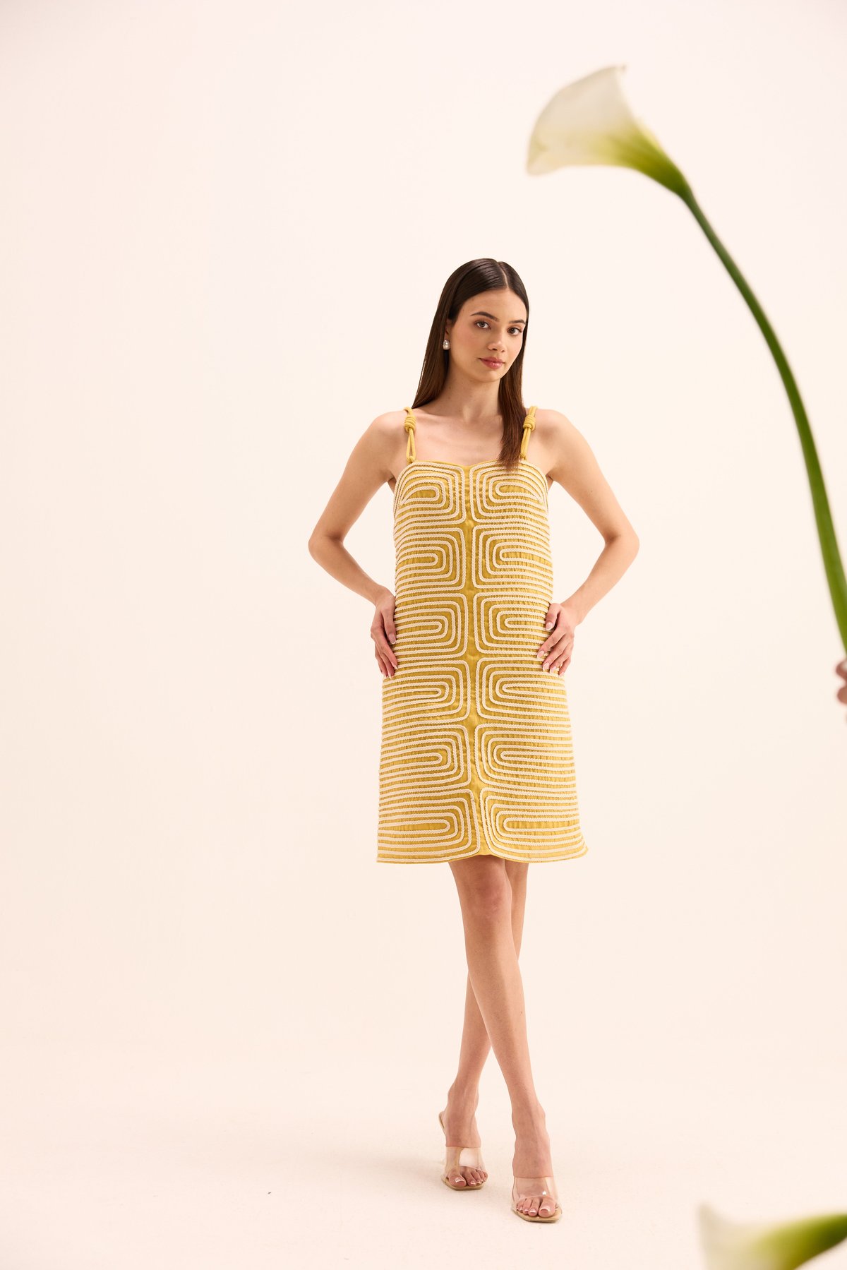 Ochre Yellow Linen Ropework Strap Knee-Length Dress