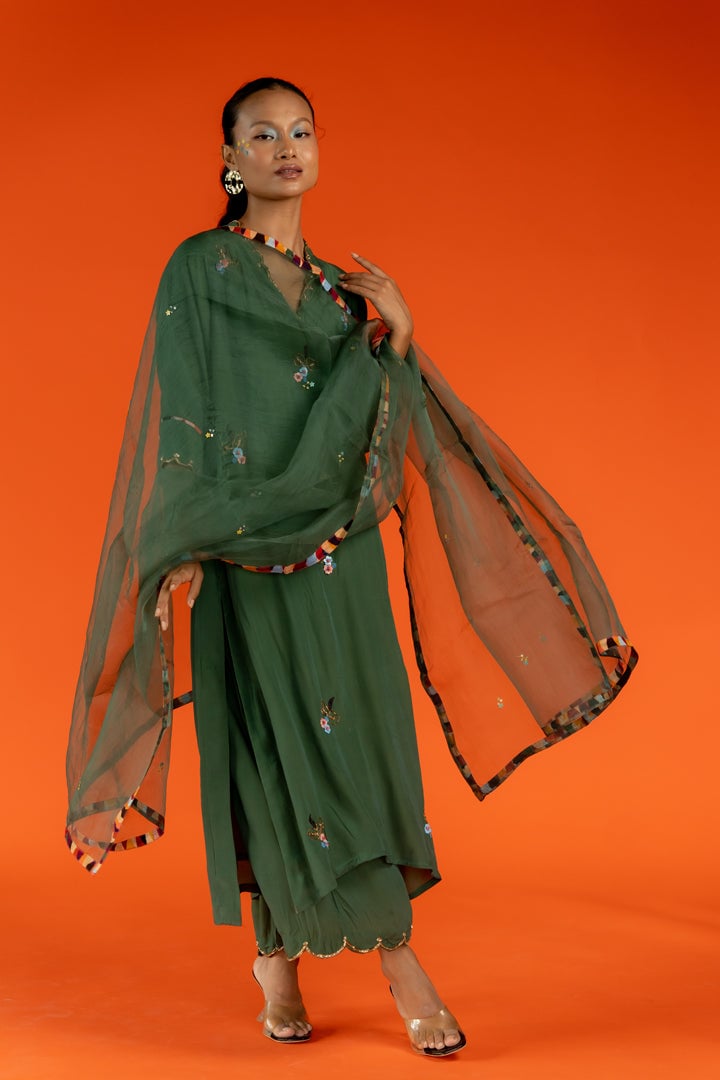 Green Crepe Embroidered Straight Kurta Set with Dupatta