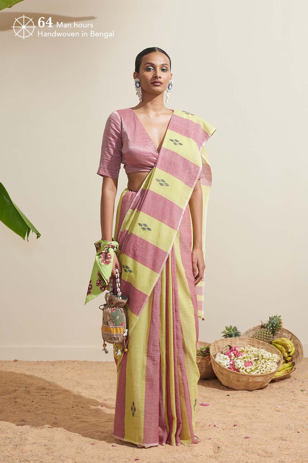Purple and Lime Green Striped Cotton Saree