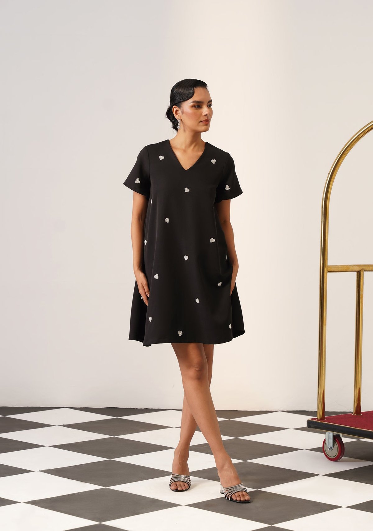 Black A-Line Mini Dress with Sequin Heart Motifs