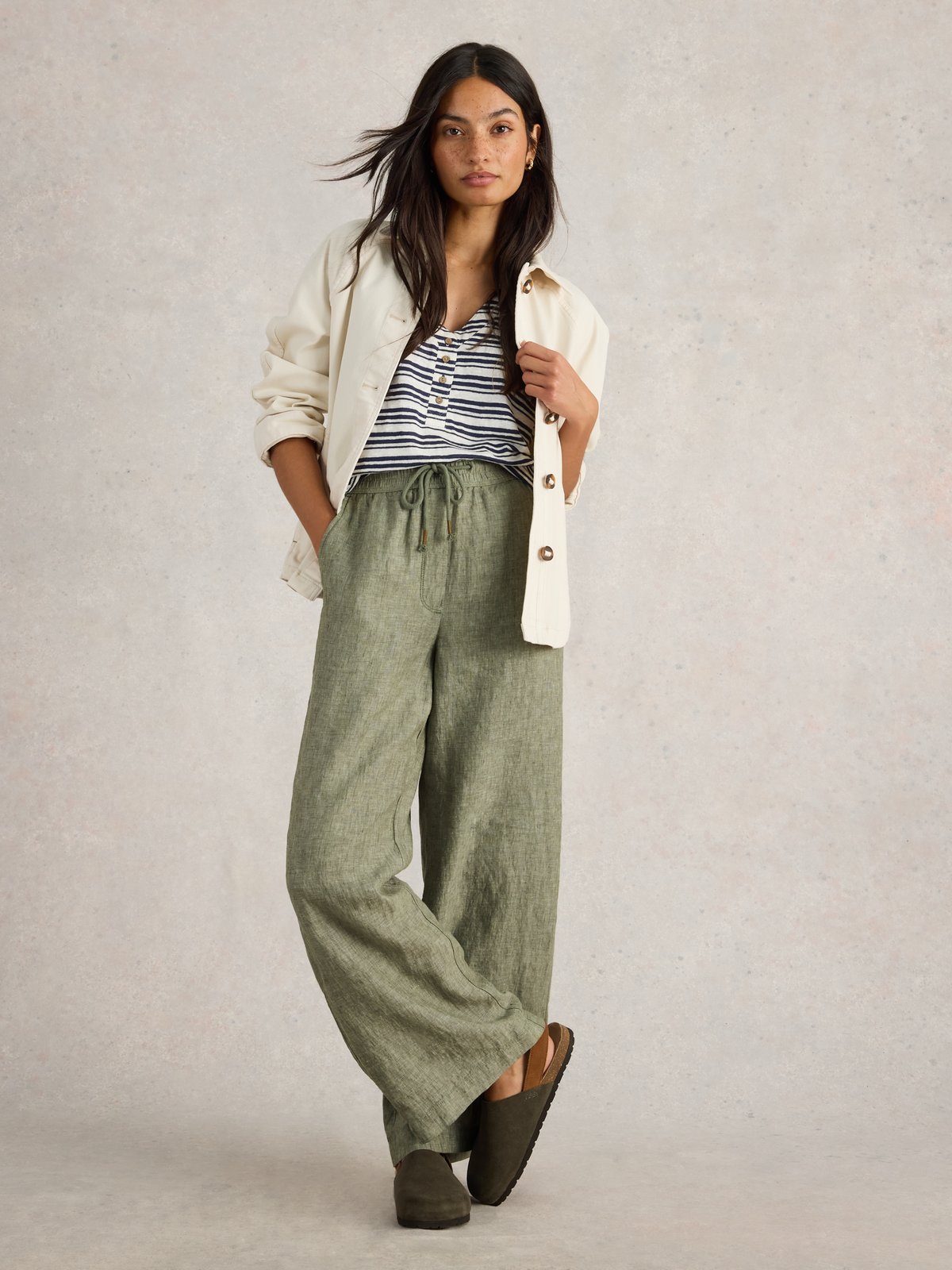 Mid Green Linen Wide-Leg Drawstring Trousers