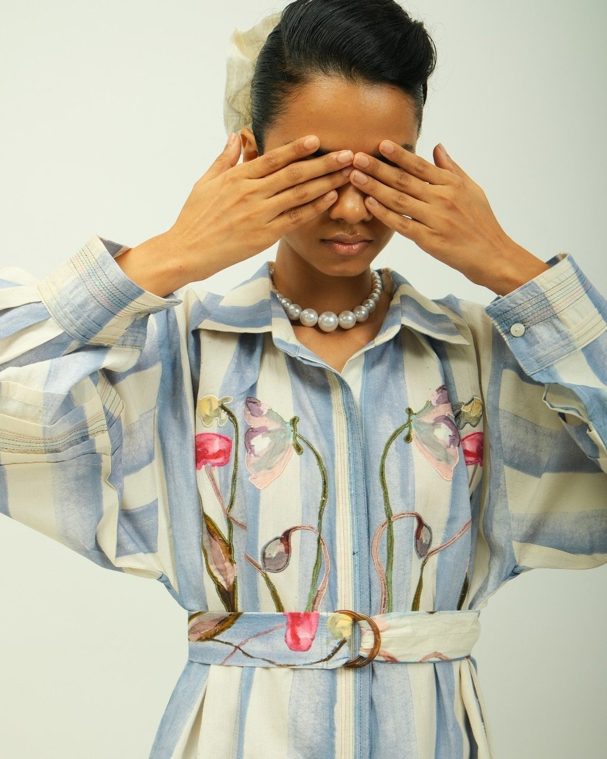 Pastel Striped Midi Shirt Dress with Floral Appliqué
