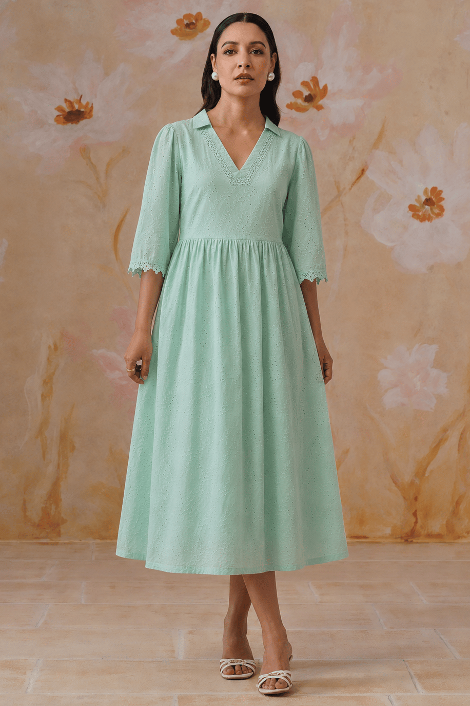 Broderie Flared Midi Dress