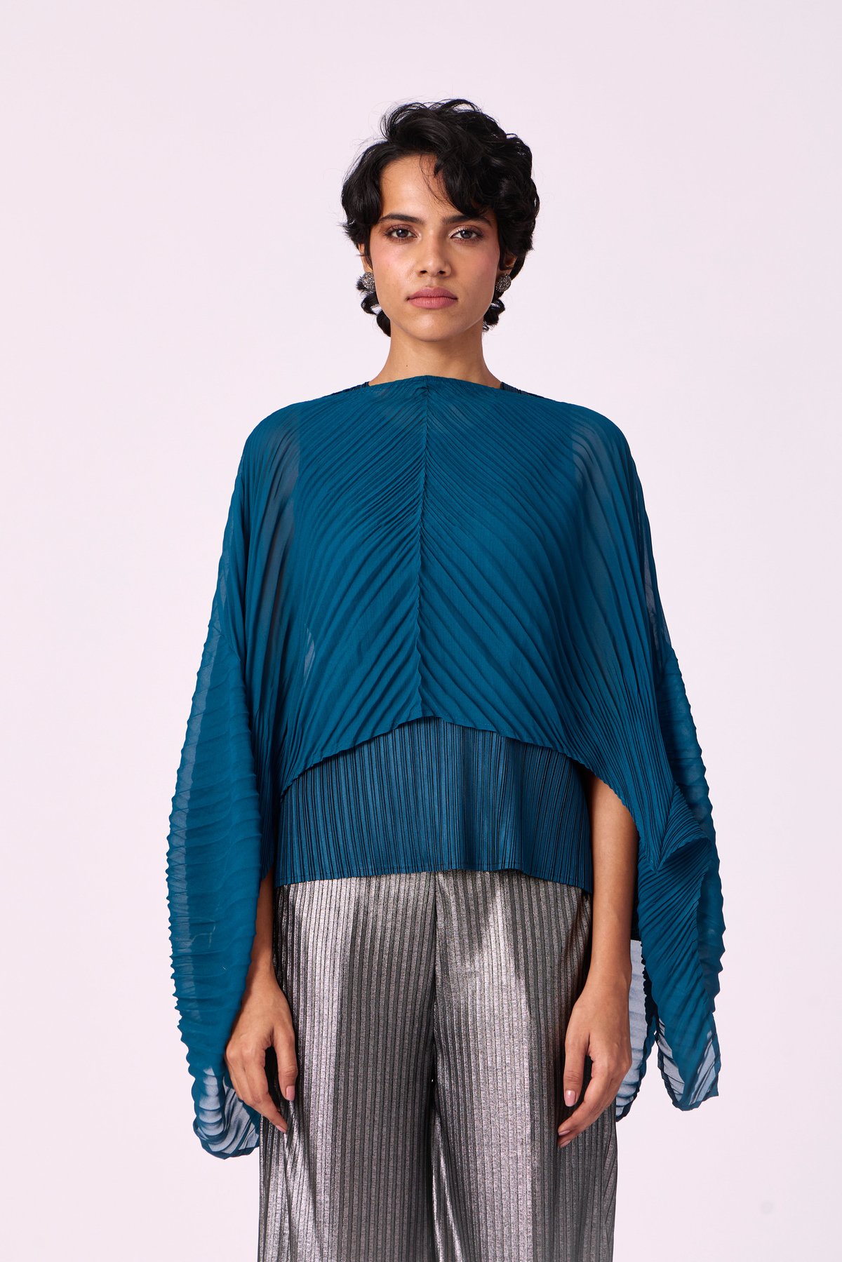 Teal Pleated Cape-Drape Flowy Top