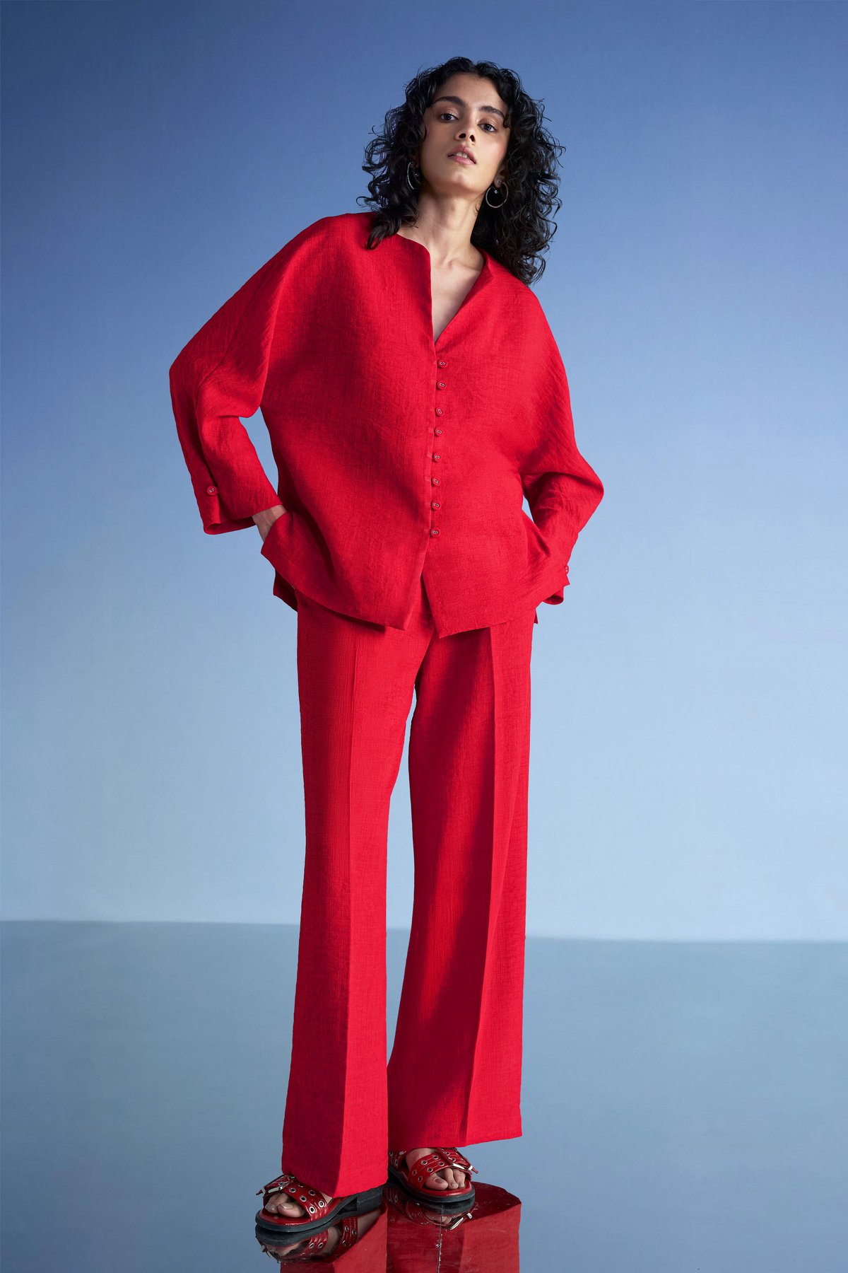 Buttoned Cuff Linen-Textured Shirt & Wide-Legged Pant Set