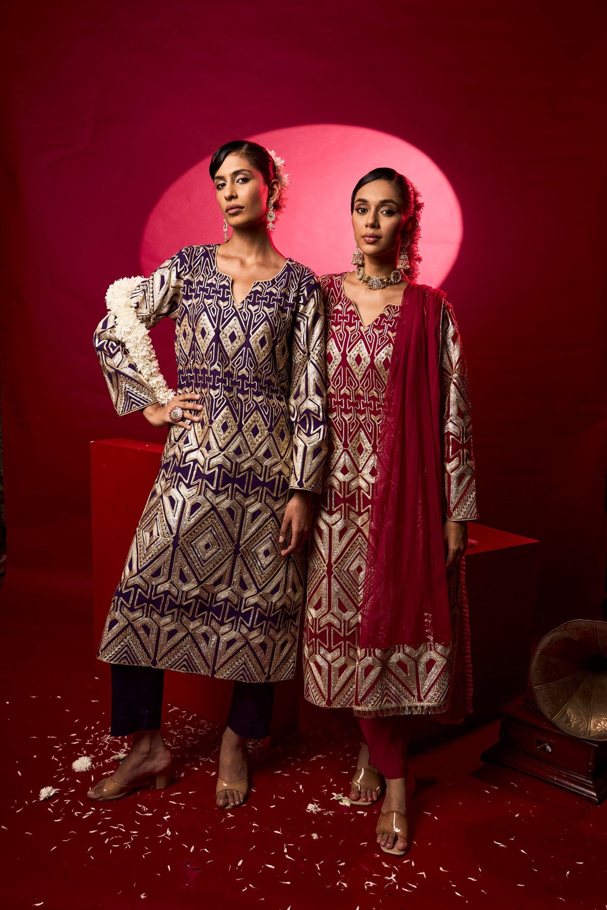 Purple Geometric Embroidered Straight Kurta Set