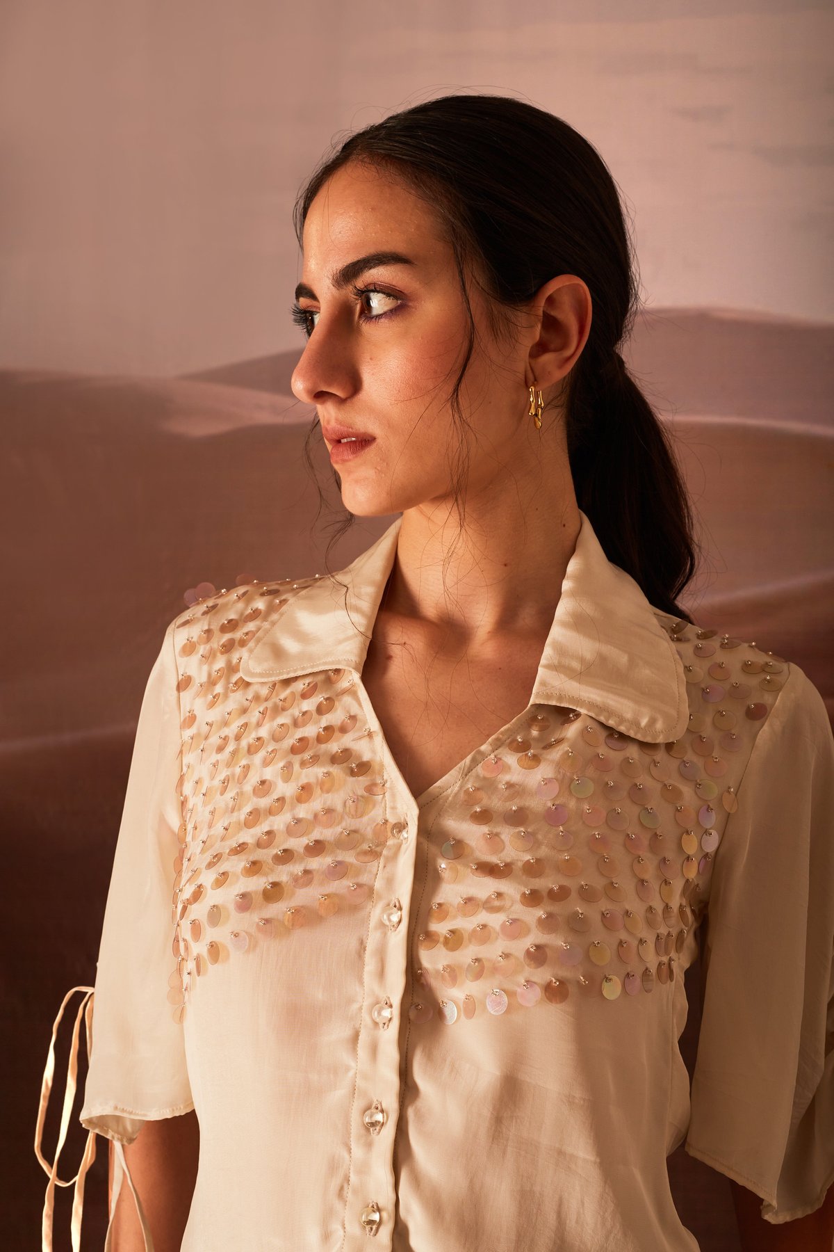 Cream Sequin-Embroidered Relaxed Fit Shirt