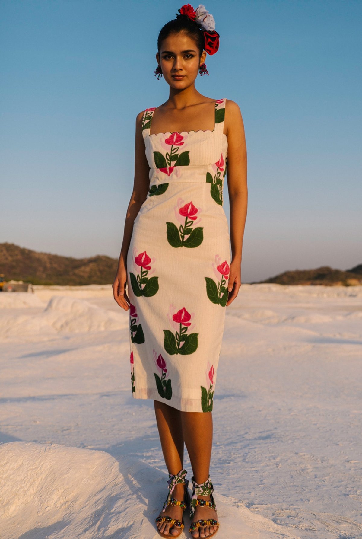 White Pink Floral Square Neck Sheath Midi Dress