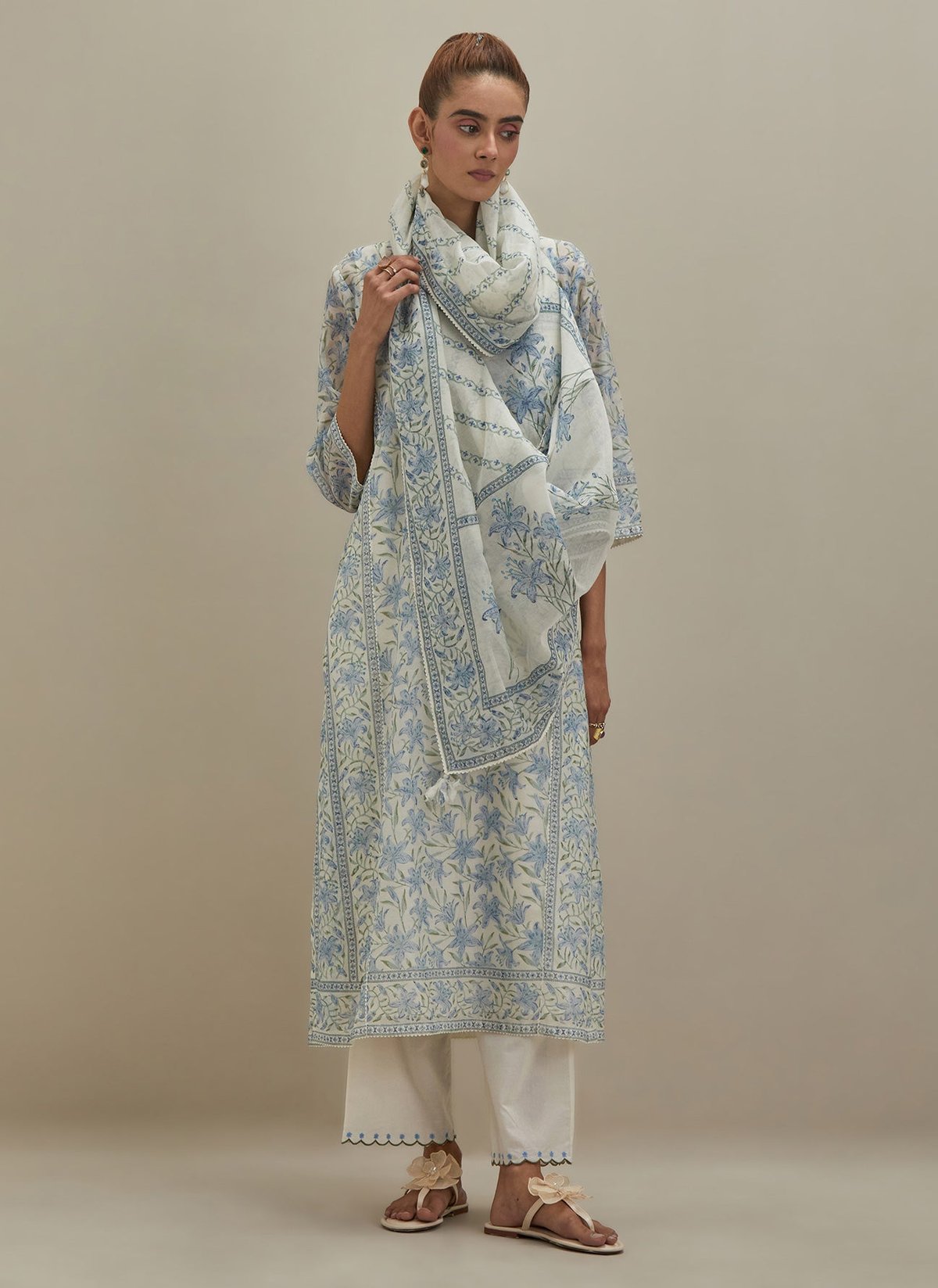 Off White Chanderi Straight Kurta Set Block Prints
