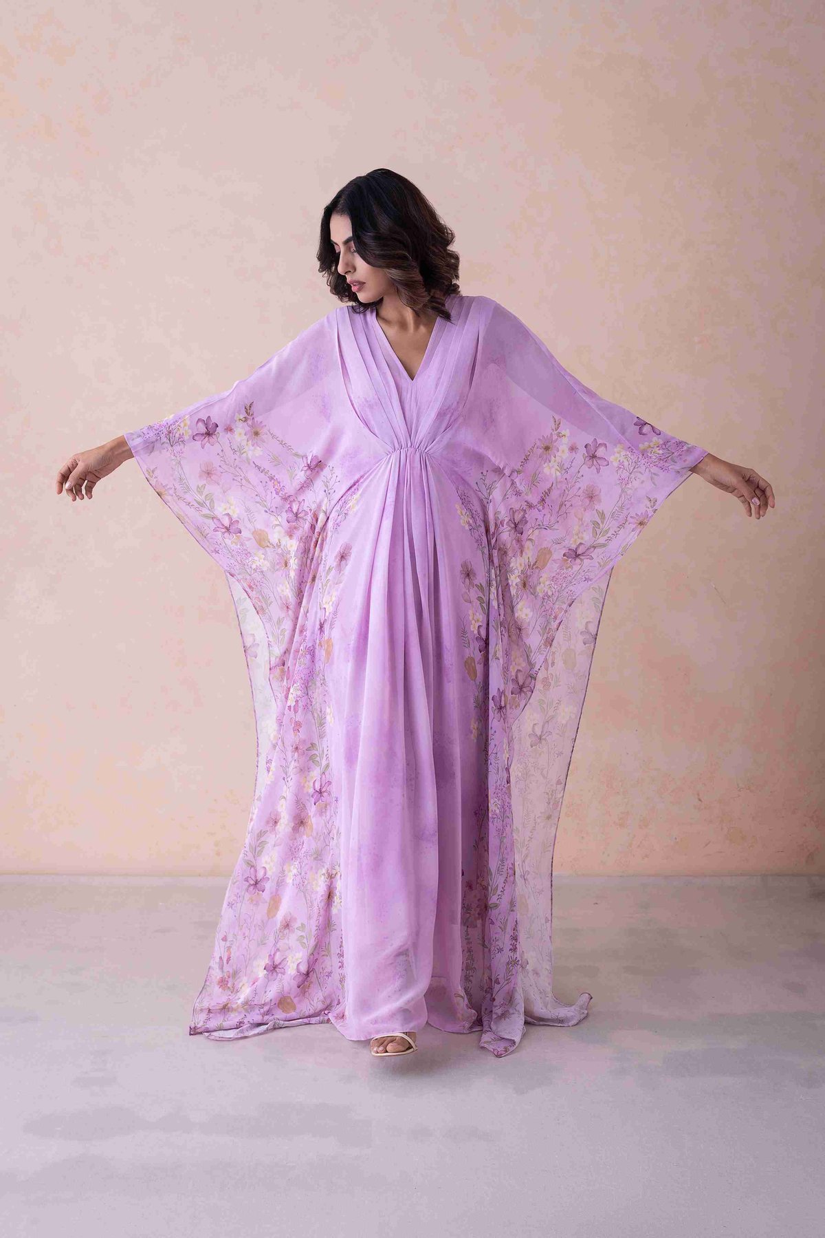 Lilac Georgette Floral Border Kaftan with Slip