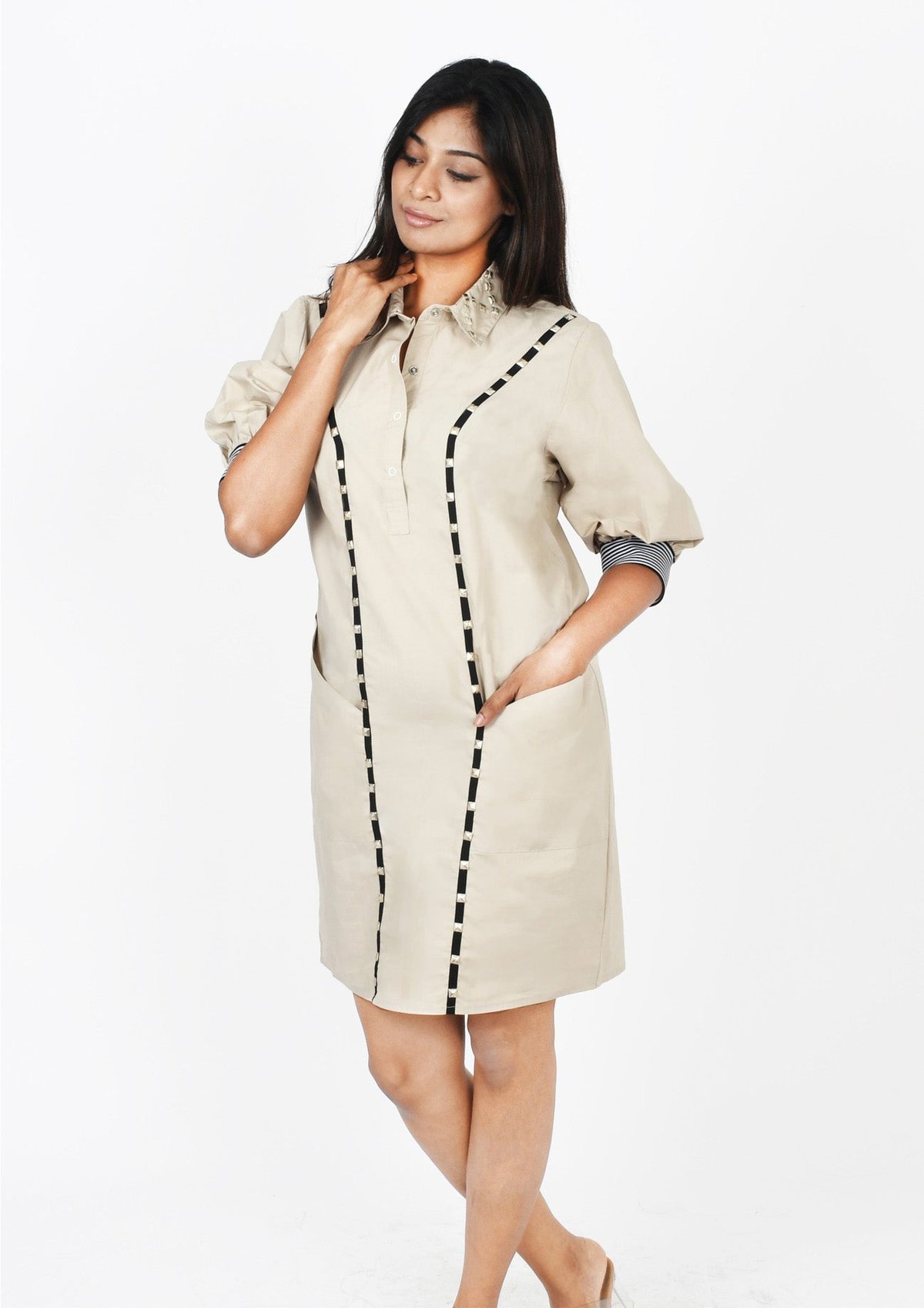 Beige One Piece Cotton Dress with Embroidery