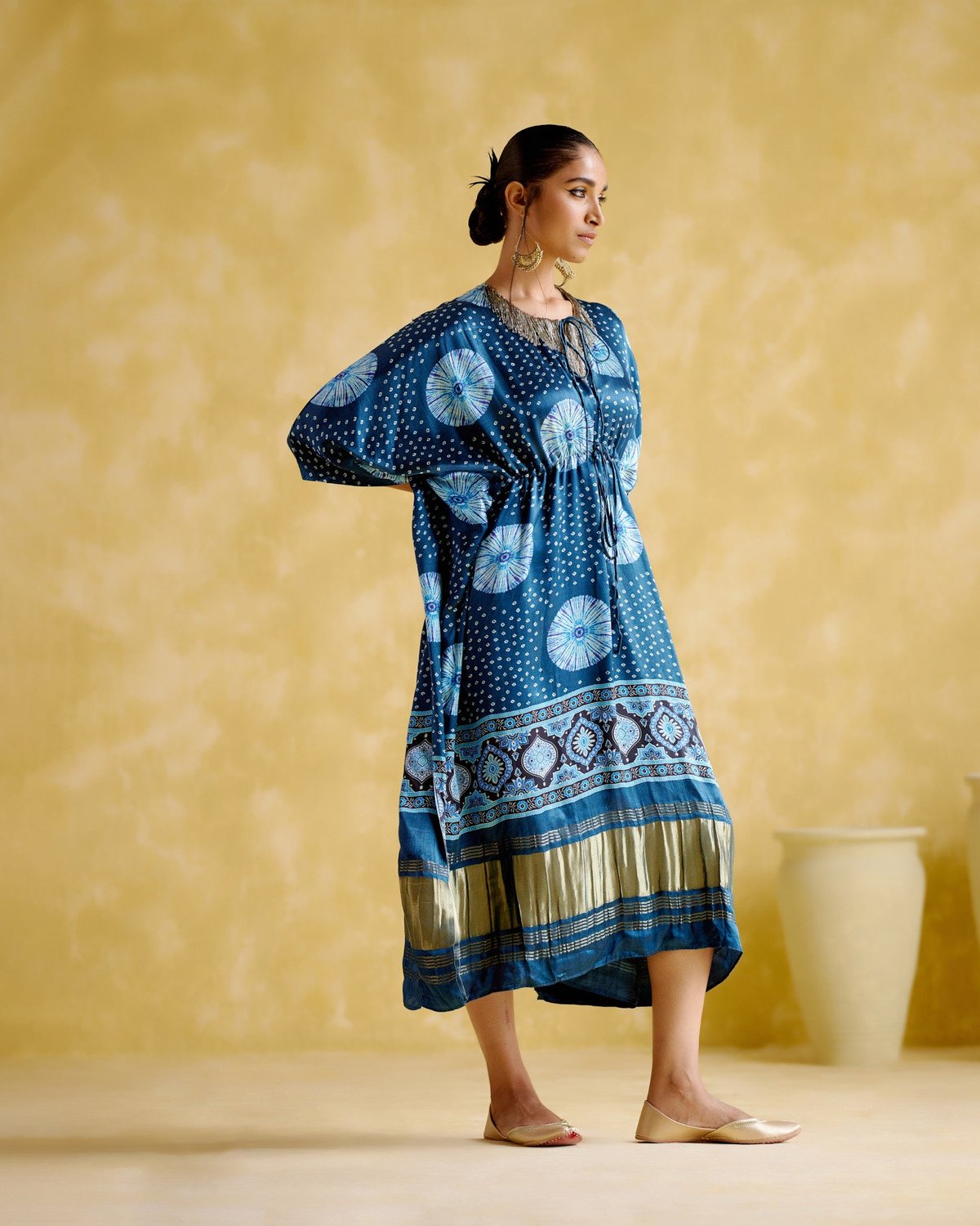 Blue Printed Modal Satin Kaftan with Tie-Up Neck
