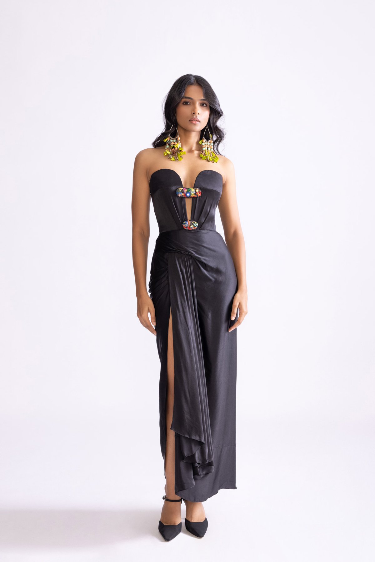 Black Satin Strapless Sweetheart Maxi Gown with Keyhole