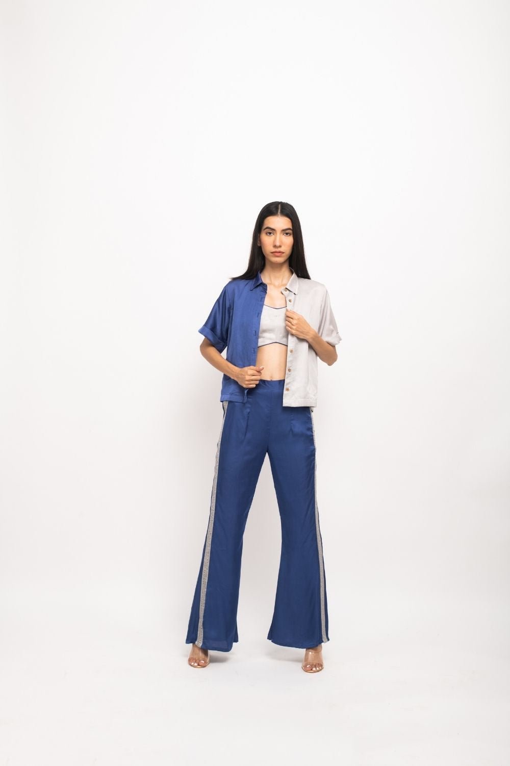 Blue Grey 3-Piece Colorblock Shirt and Pants Co-ord Set