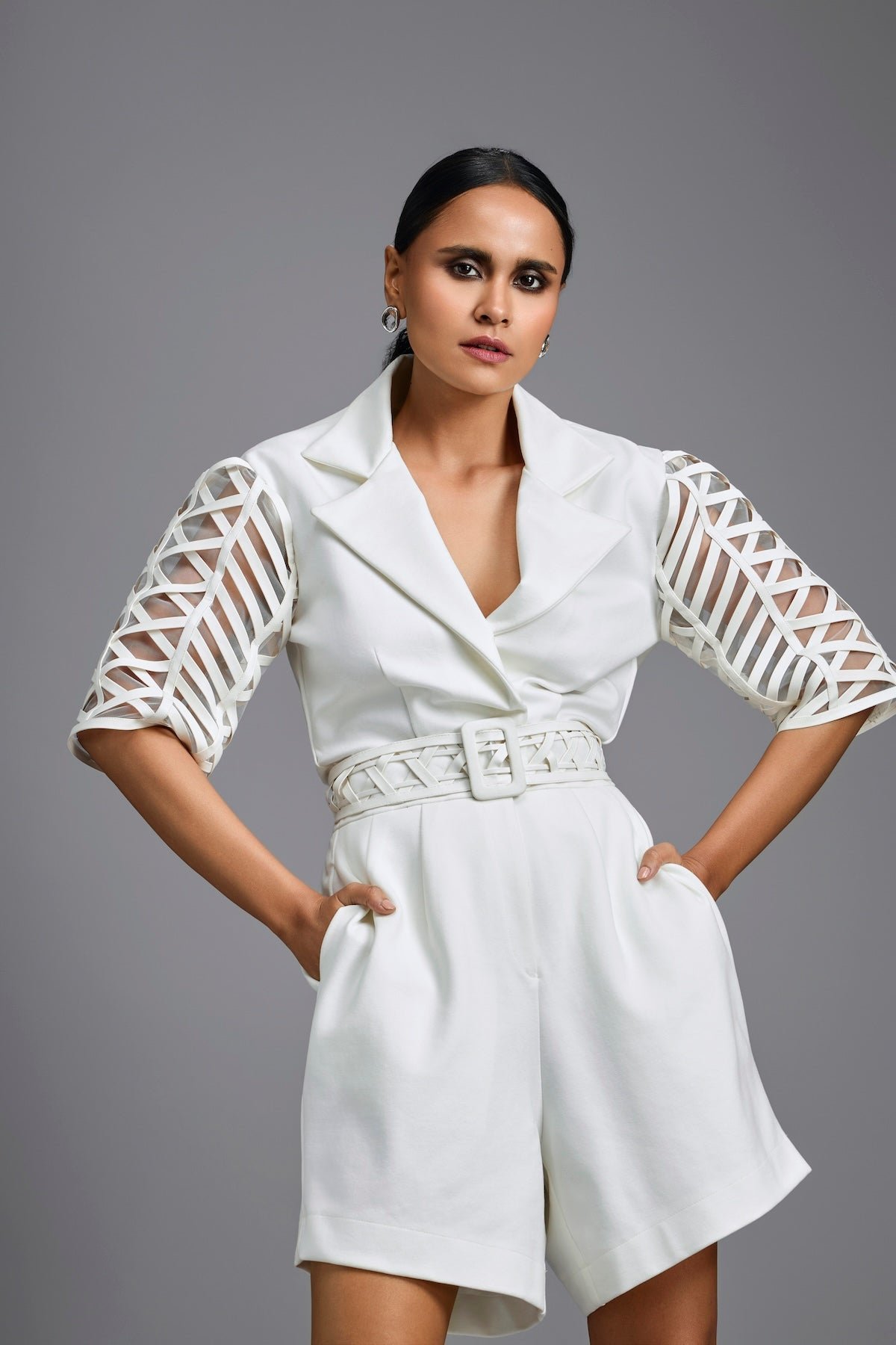 Playsuit with Woven Belt & Mesh Sleeves