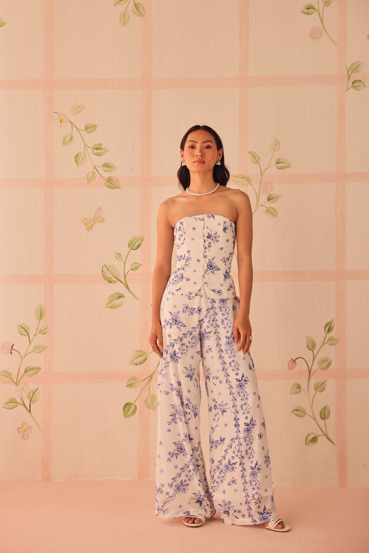 White/Blue Floral Wide-Leg Crepe Trousers