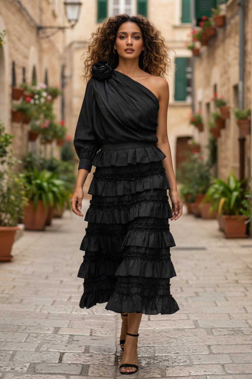 Black One-Shoulder Silk Co-ord Set with Tiered Midi Skirt