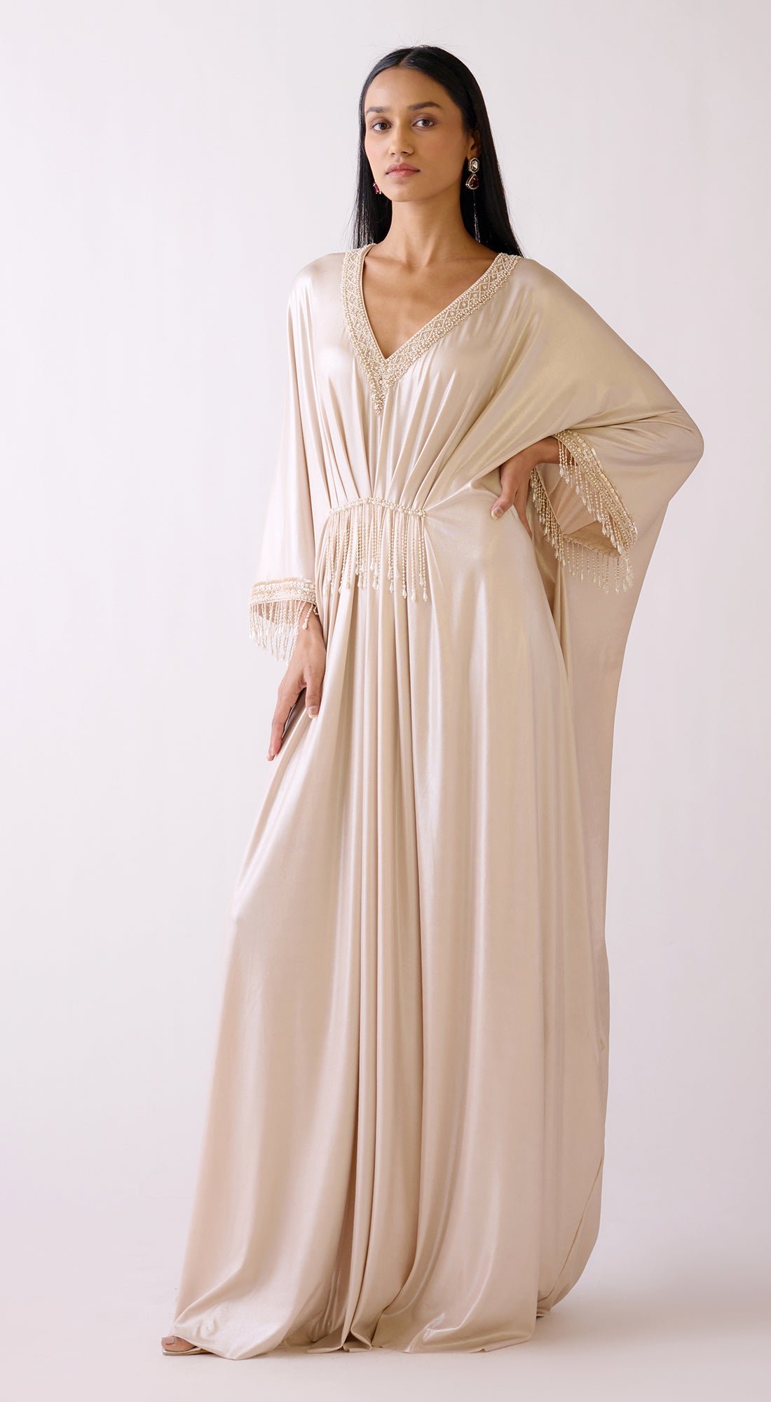 Gold Shimmer Kaftan Maxi Dress with Pearl Tassel Detail