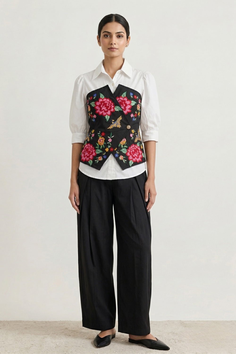Black Embroidered Overlay Shirt and Wide-Leg Pants Co-ord Set