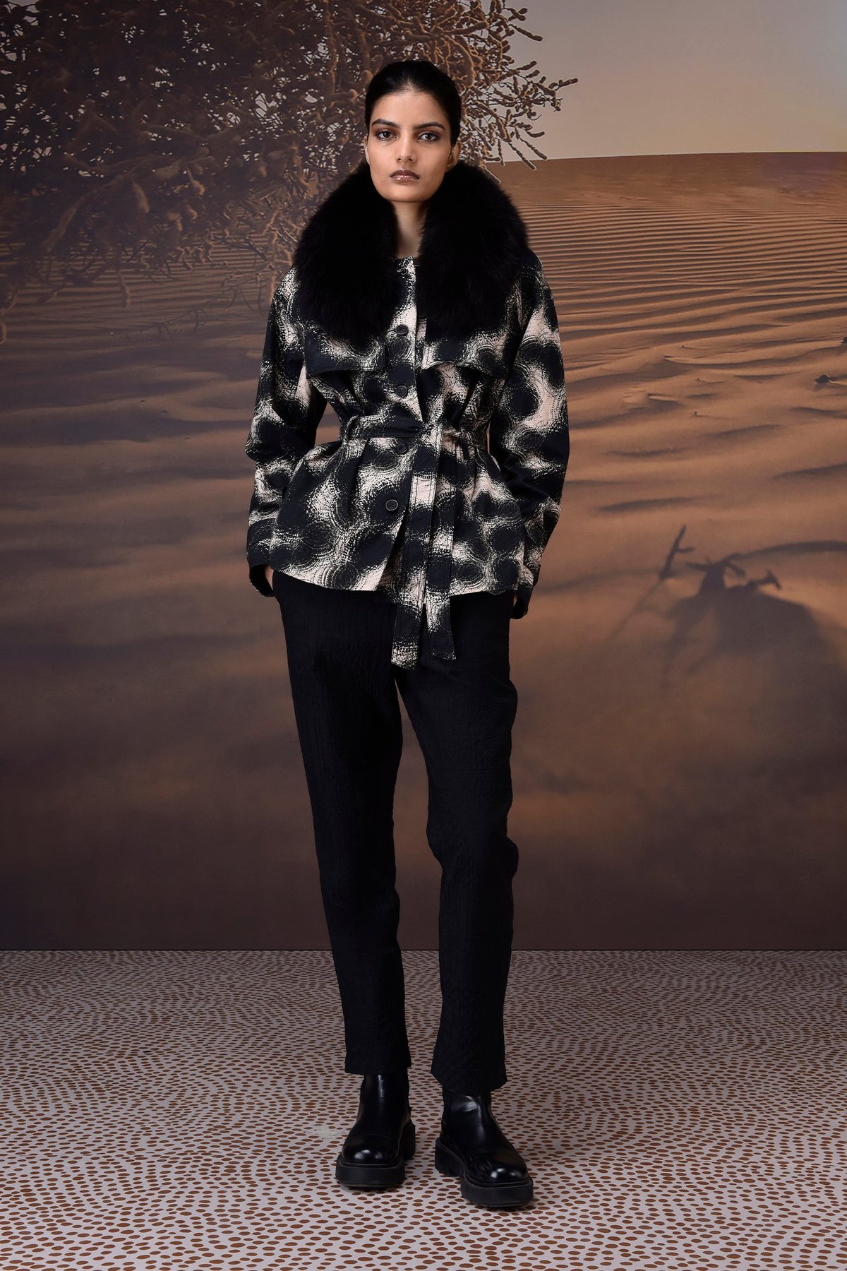 Black Abstract Circle Print Cotton Twill Belted Jacket