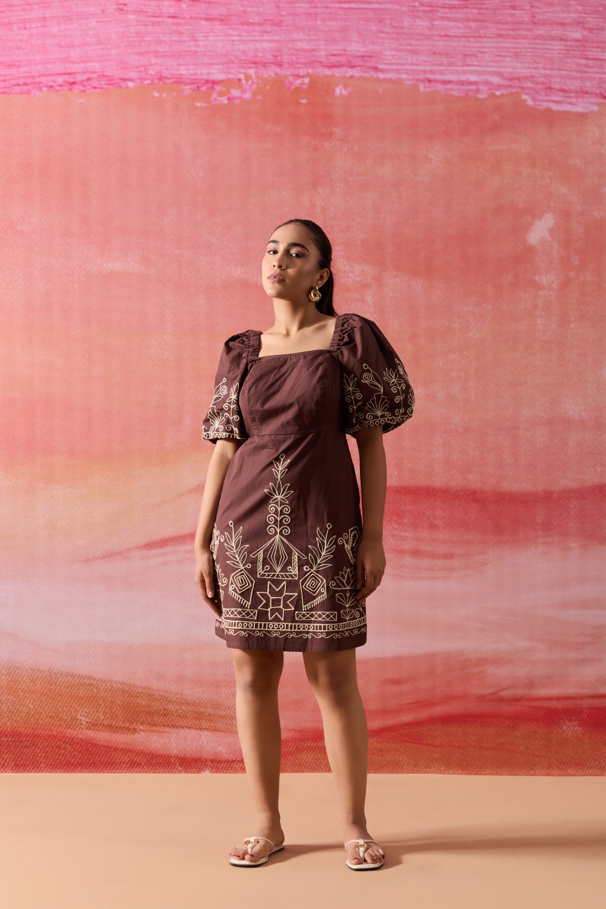 Brown Cotton Poplin Mini Dress with Aari Embroidery