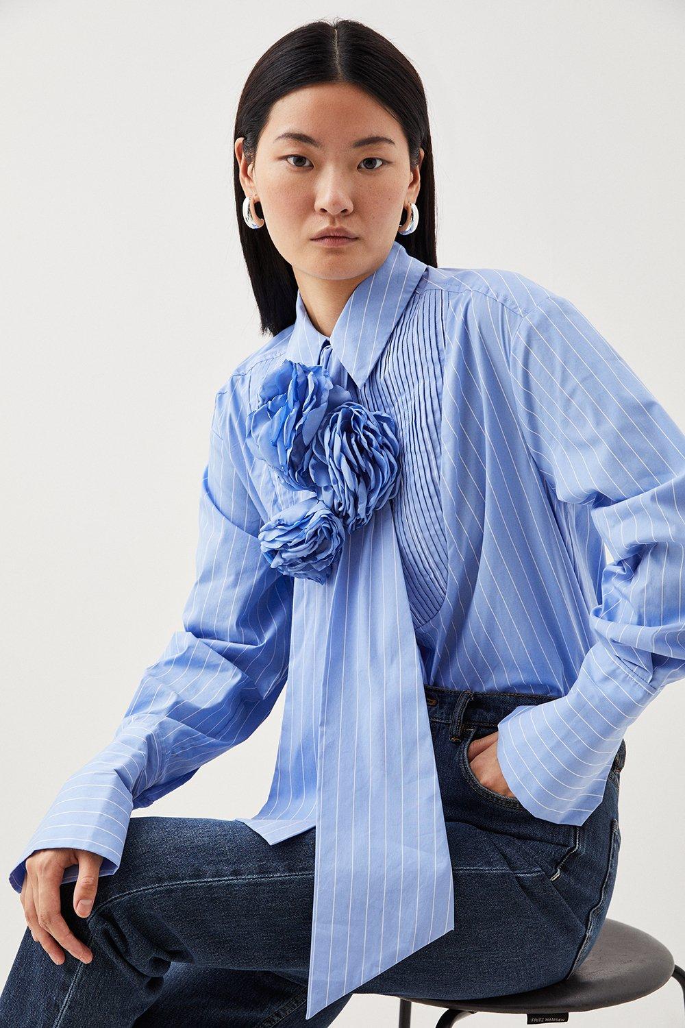 Blue Striped Cotton Shirt with Rosette Tie Neck