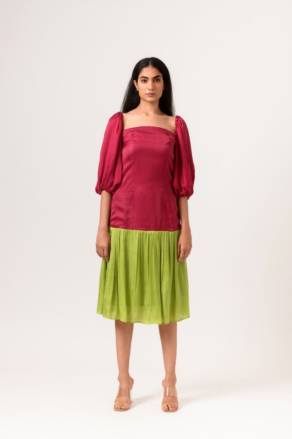 Wine-Green Colorblock Square-Neck Midi Dress